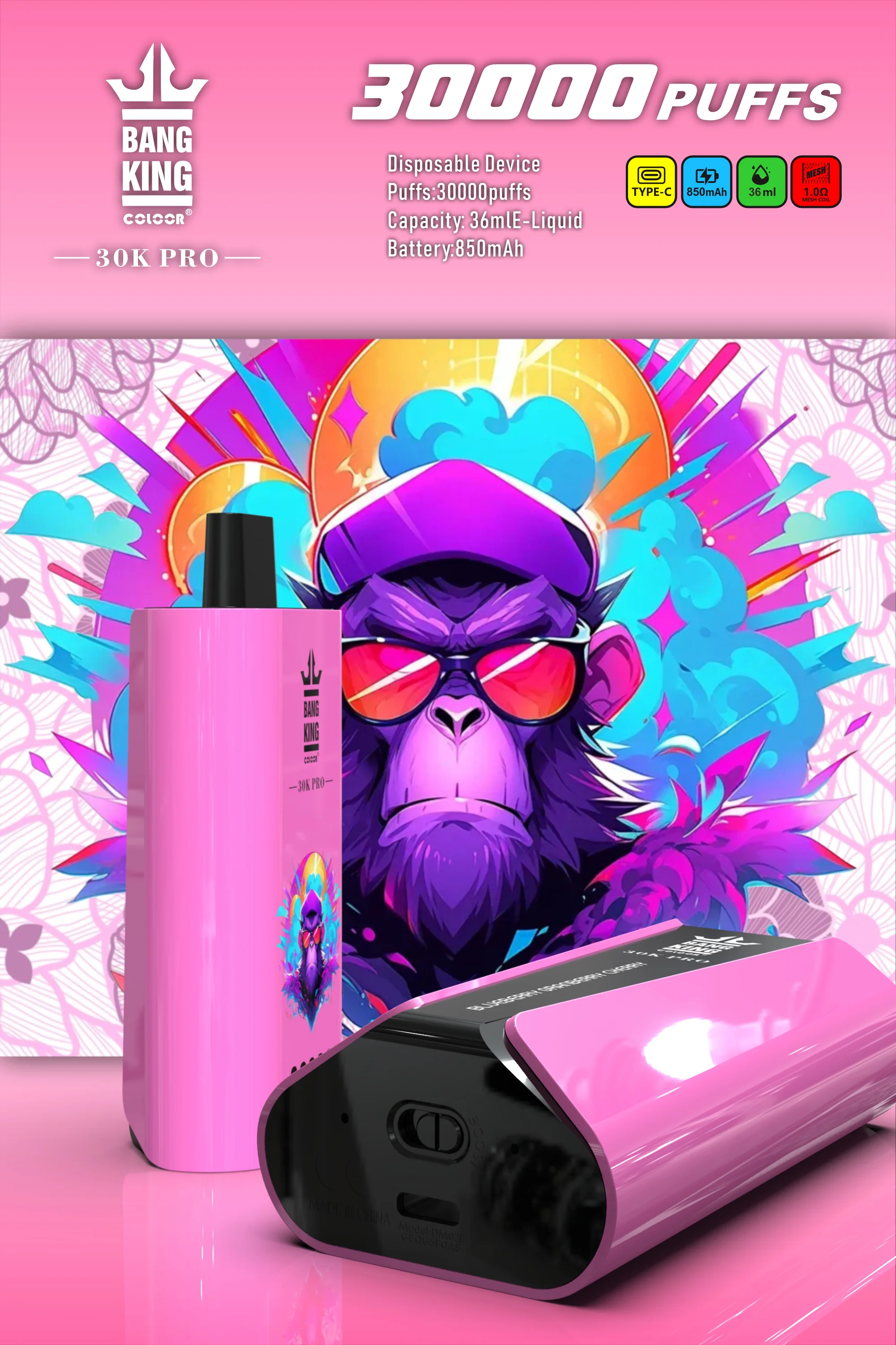 Bang King 30000 Puff Pro Disposable Vape with Single-Flavor System, 12 Kinds of Fruits Flavors