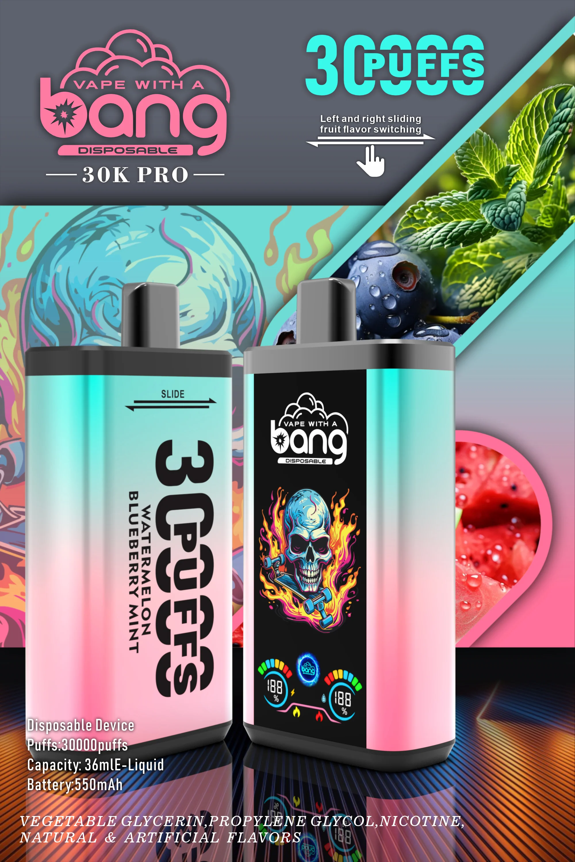 Bang 30000 Puffs Pro Disposable Vape with Dual-Flavor System, 16 Kinds of Fruits Flavors