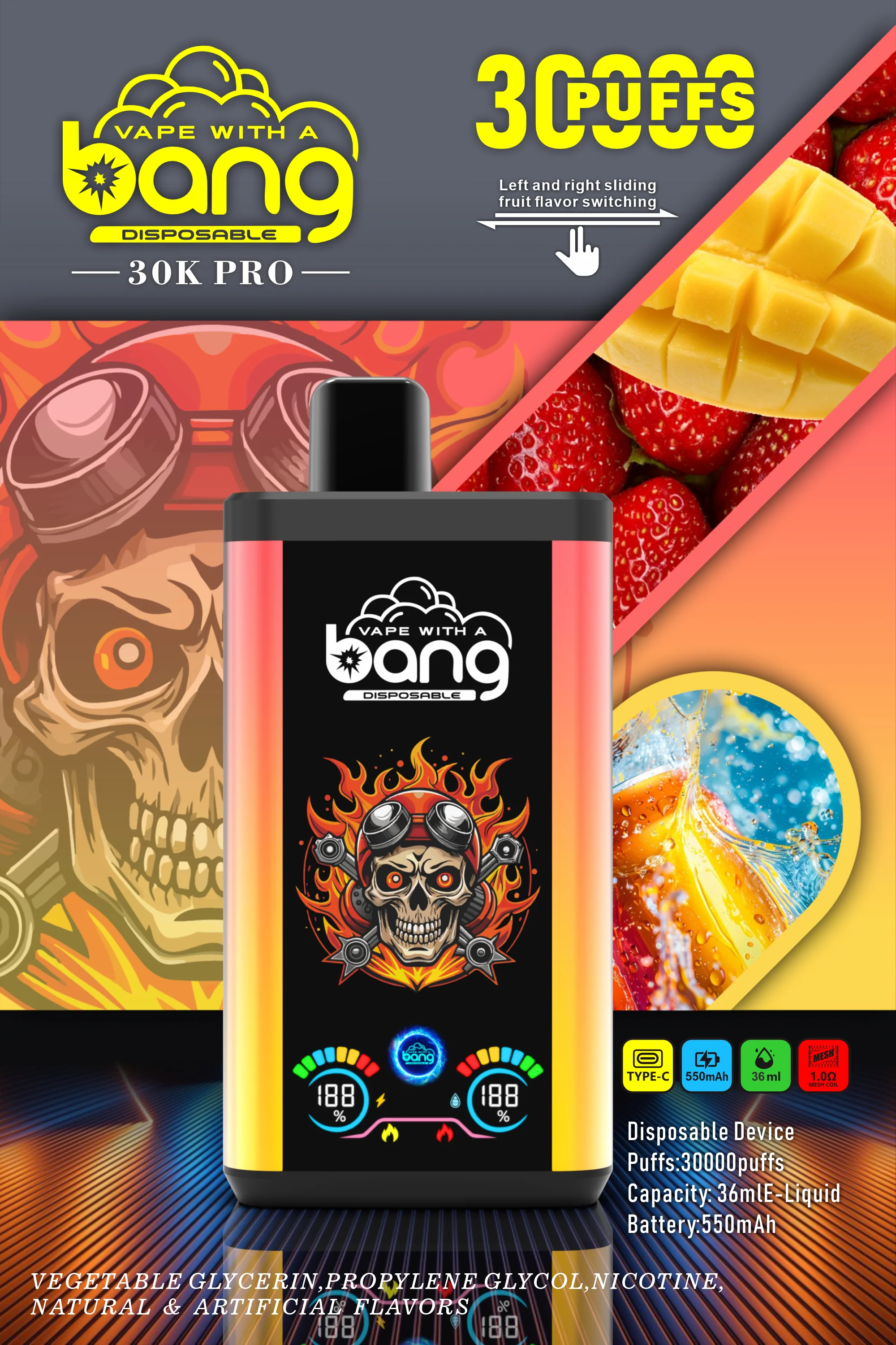 Bang 30000 Puffs Pro Disposable Vape with Dual-Flavor System, 16 Kinds of Fruits Flavors