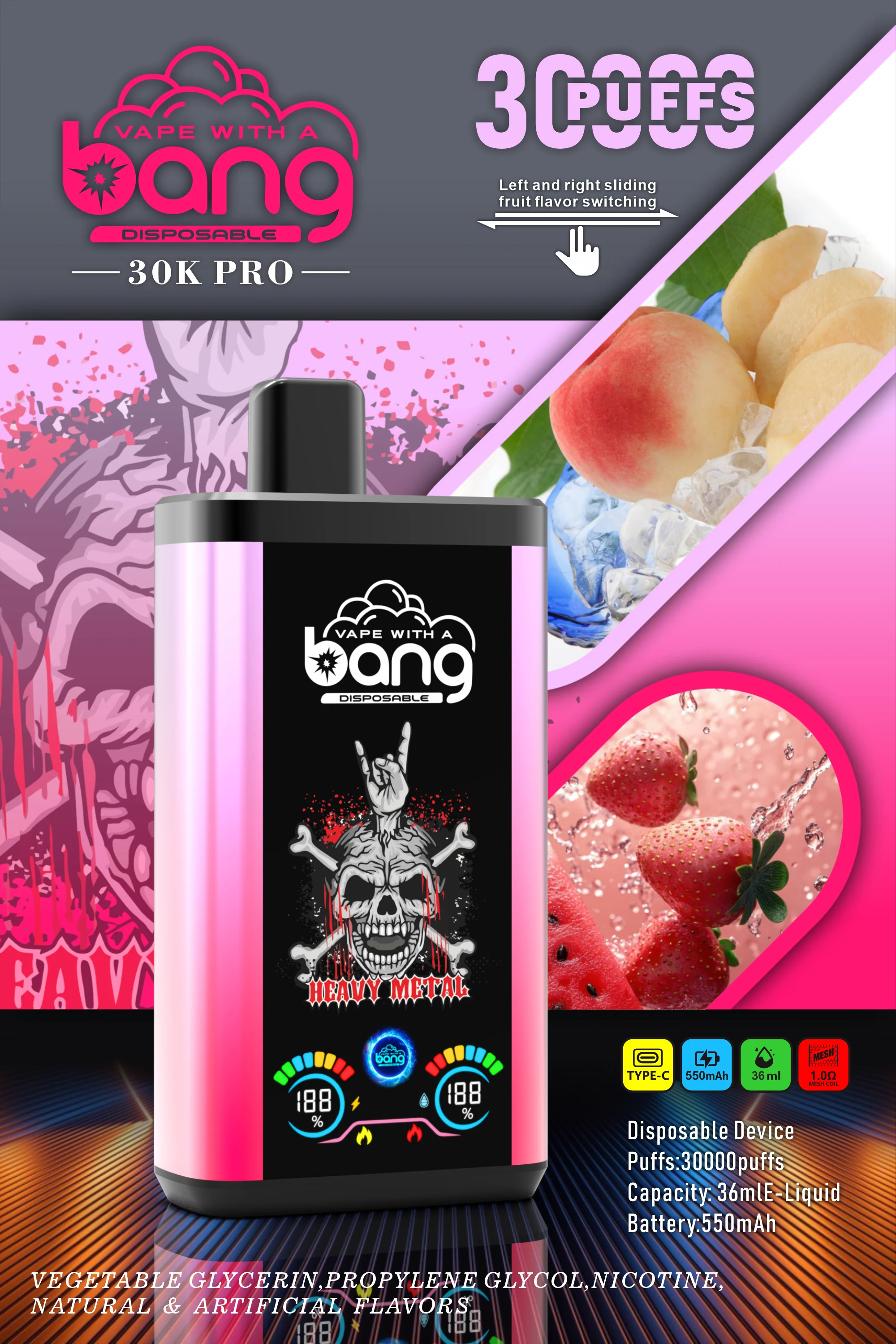 Bang 30000 Puffs Pro Disposable Vape with Dual-Flavor System, 16 Kinds of Fruits Flavors