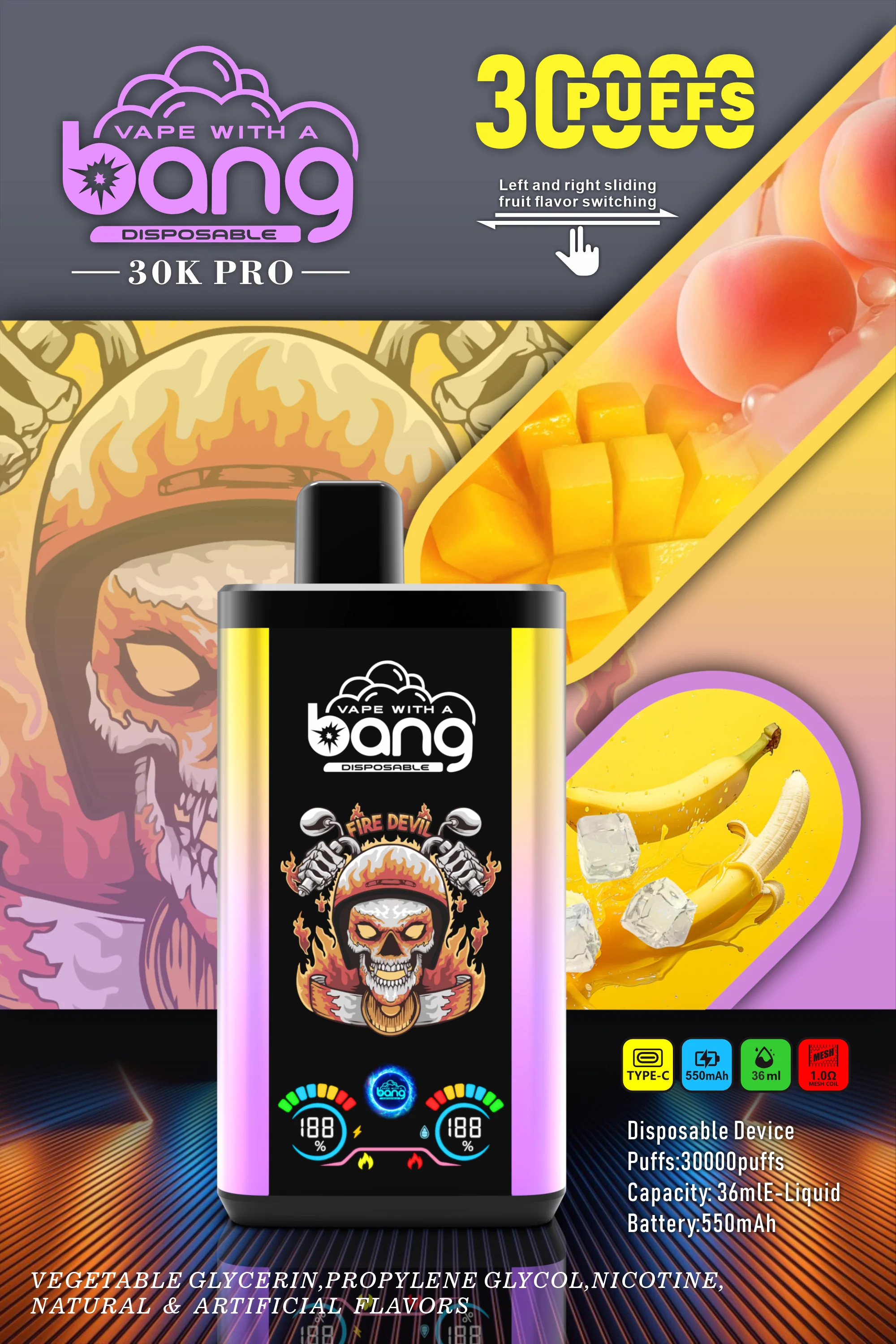 Bang 30000 Puffs Pro Disposable Vape with Dual-Flavor System, 16 Kinds of Fruits Flavors