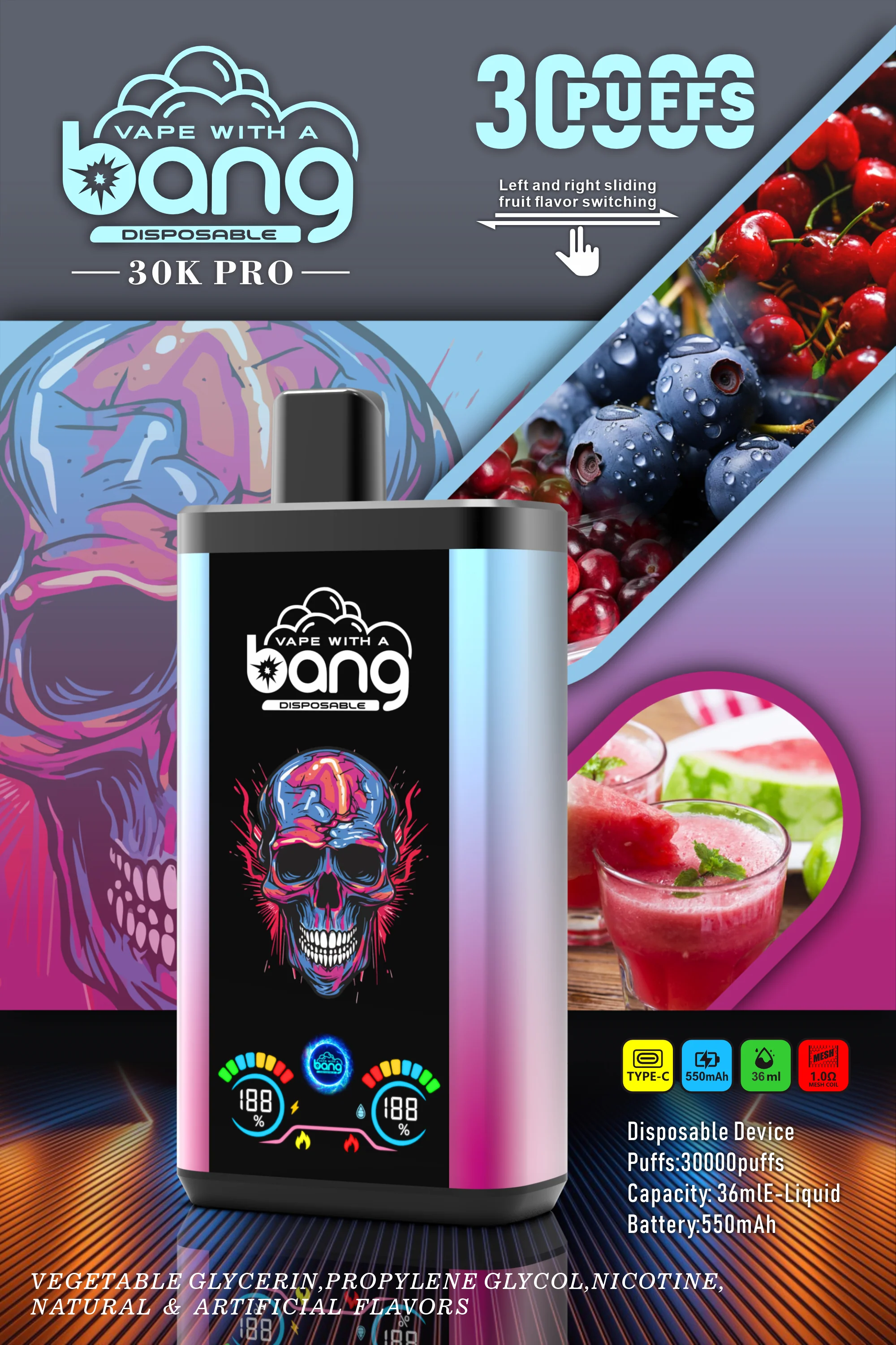 Bang 30000 Puffs Pro Disposable Vape with Dual-Flavor System, 16 Kinds of Fruits Flavors
