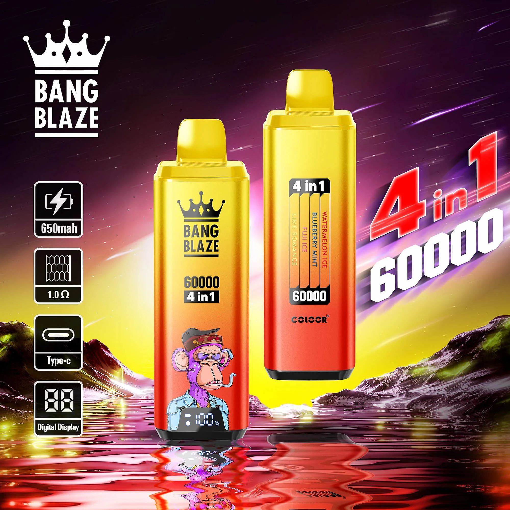 Bang Blaze  60000 Puffs Disposable Vape with 4 in 1 Flavors, 12 Kinds of Fruits Flavors, E-liquid 56ml, Battery 650 mah