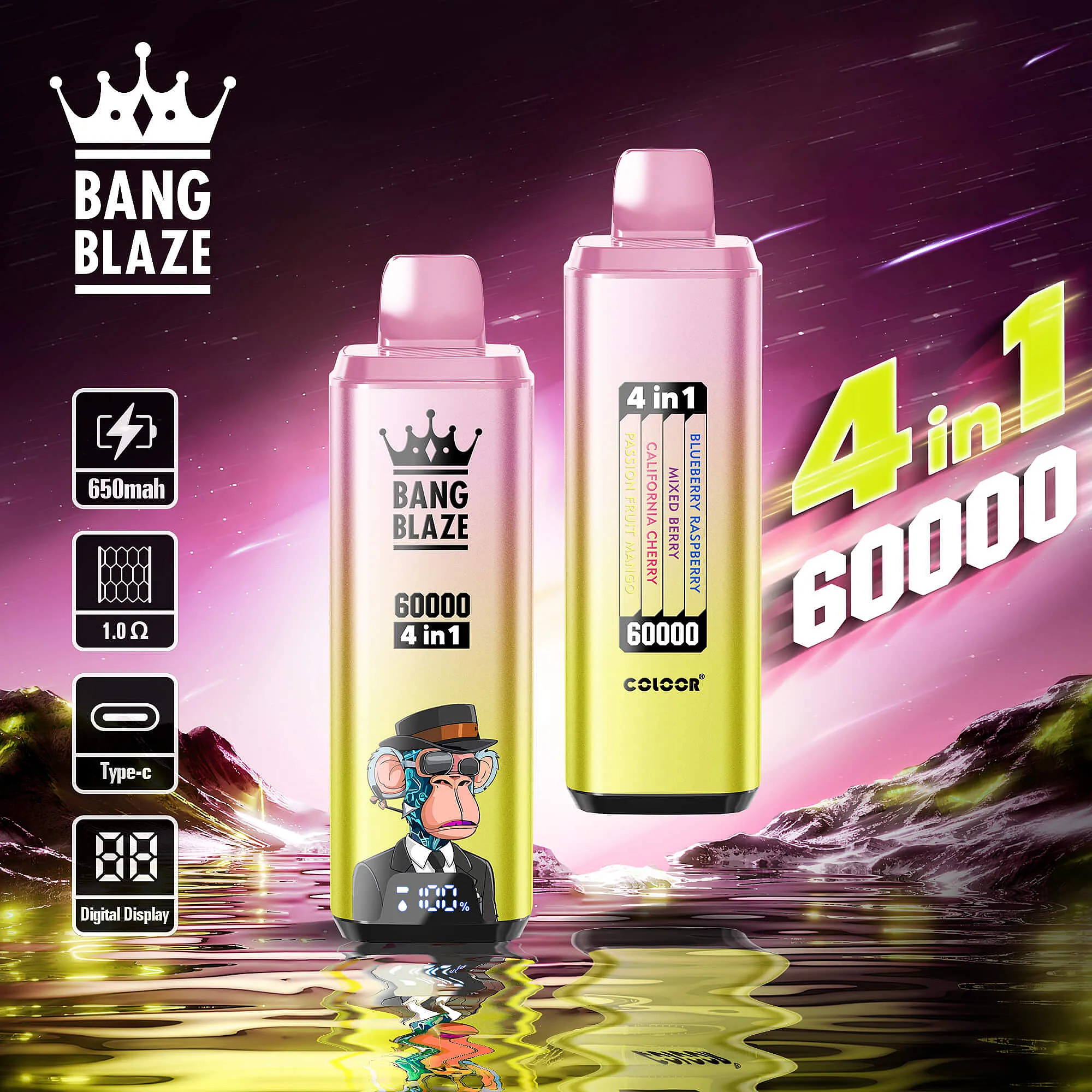 Bang Blaze  60000 Puffs Disposable Vape with 4 in 1 Flavors, 12 Kinds of Fruits Flavors, E-liquid 56ml, Battery 650 mah