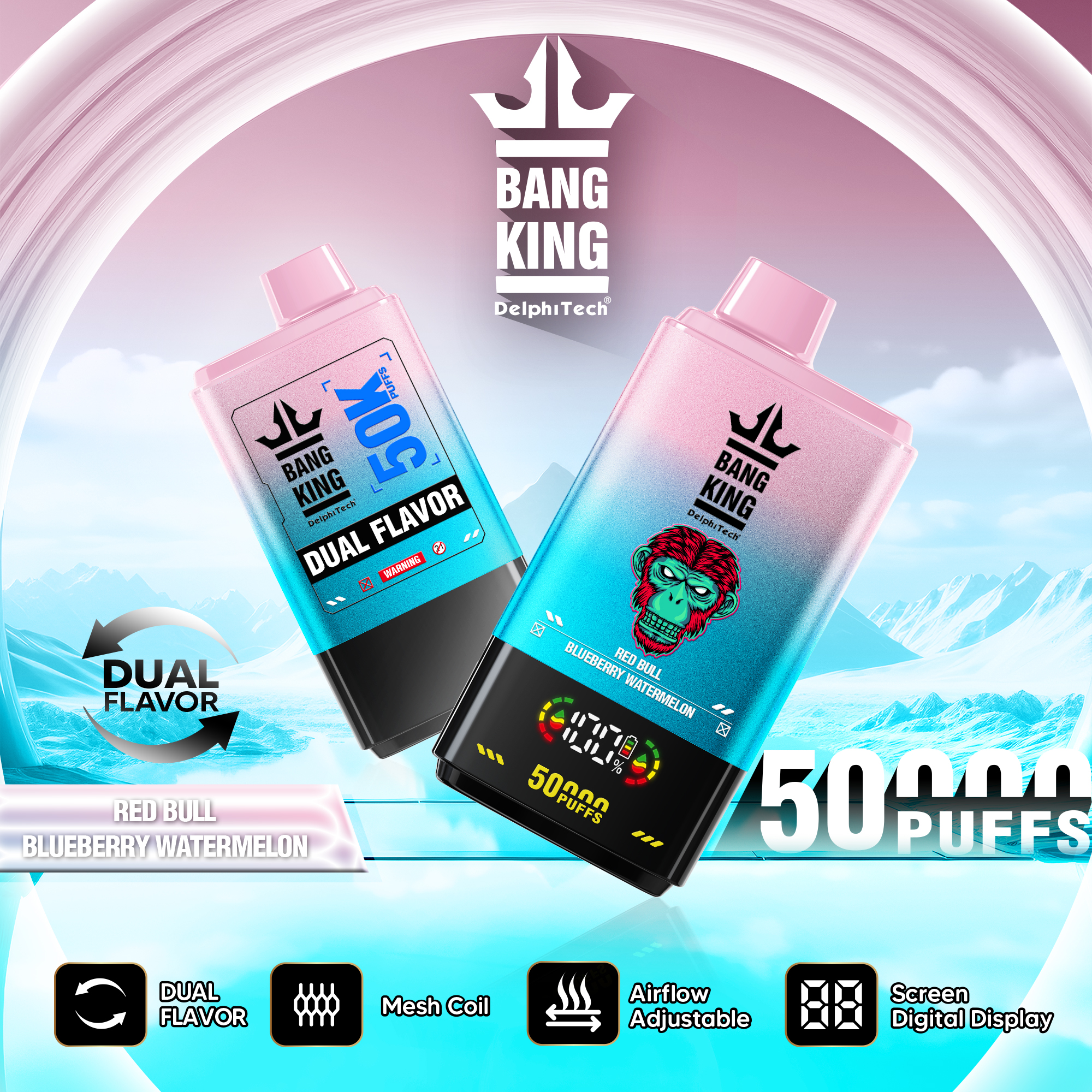 Bang King 50000 Puffs Disposable Vape with Double Flavors, 12 Kinds of Fruits Flavors, E-liquid 50ml, Battery 850 mah
