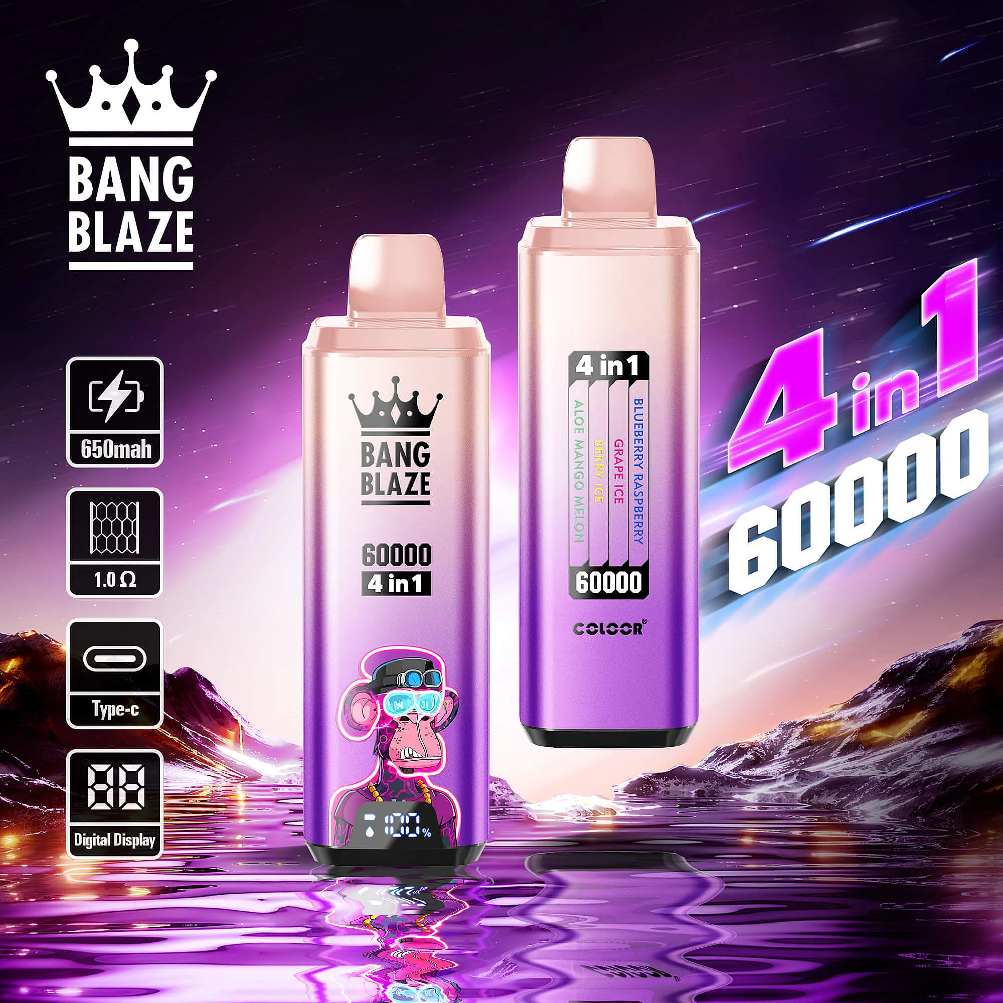 Bang Blaze  60000 Puffs Disposable Vape with 4 in 1 Flavors, 12 Kinds of Fruits Flavors, E-liquid 56ml, Battery 650 mah