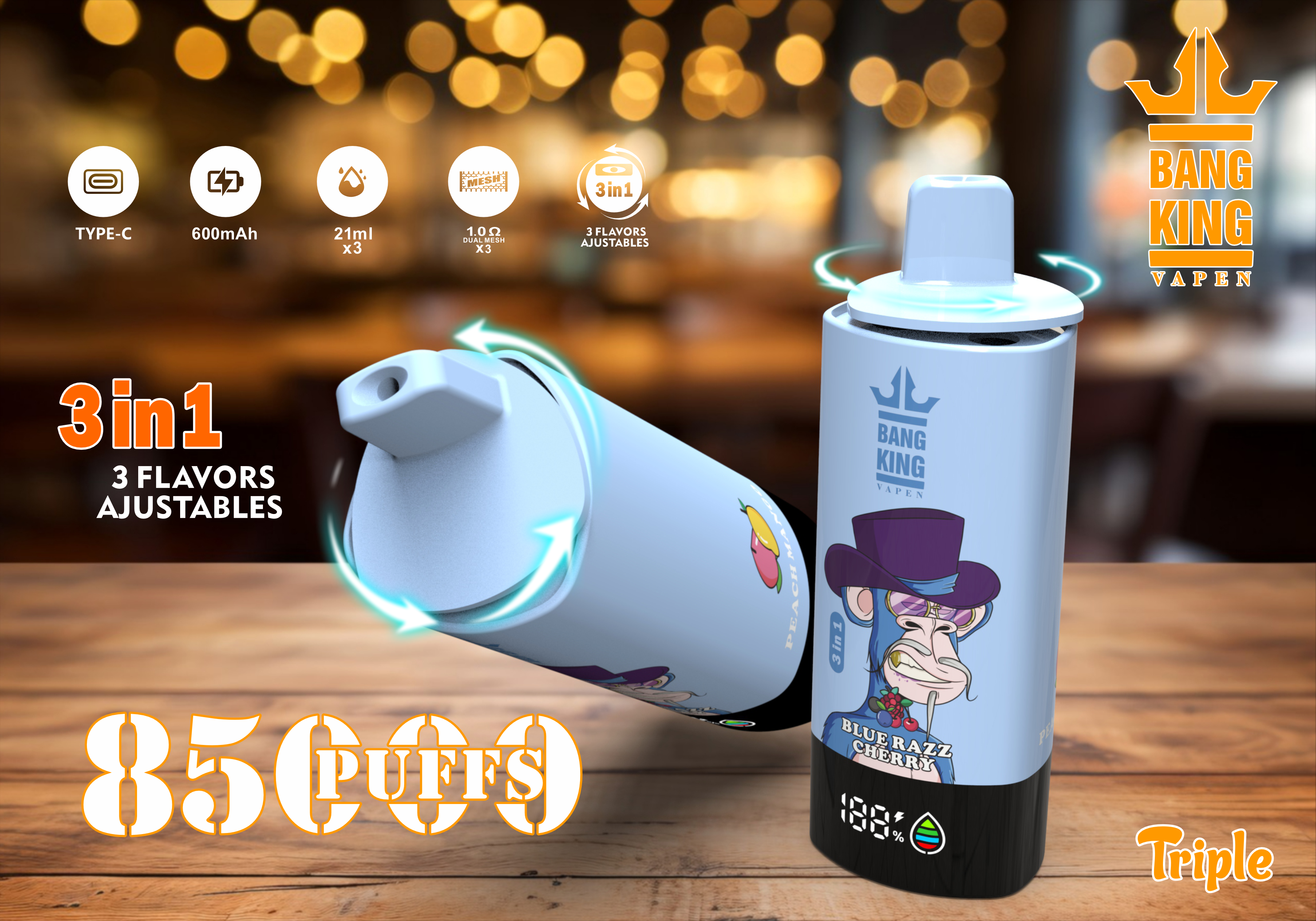 Bang King Vapen 85000 Puffs, 3 in 1 Flavor, 63ml Eliquid, 600mAh Battery