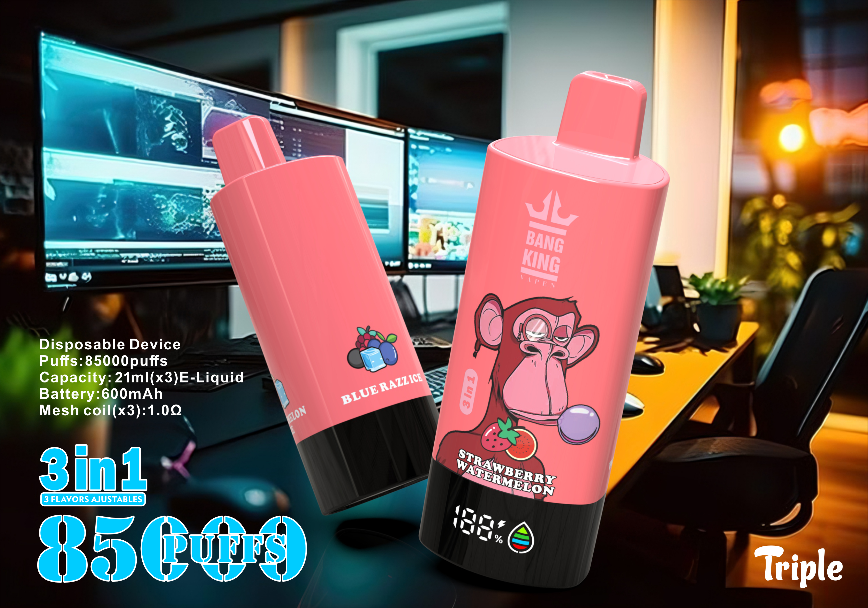 Bang King Vapen 85000 Puffs, 3 in 1 Flavor, 63ml Eliquid, 600mAh Battery