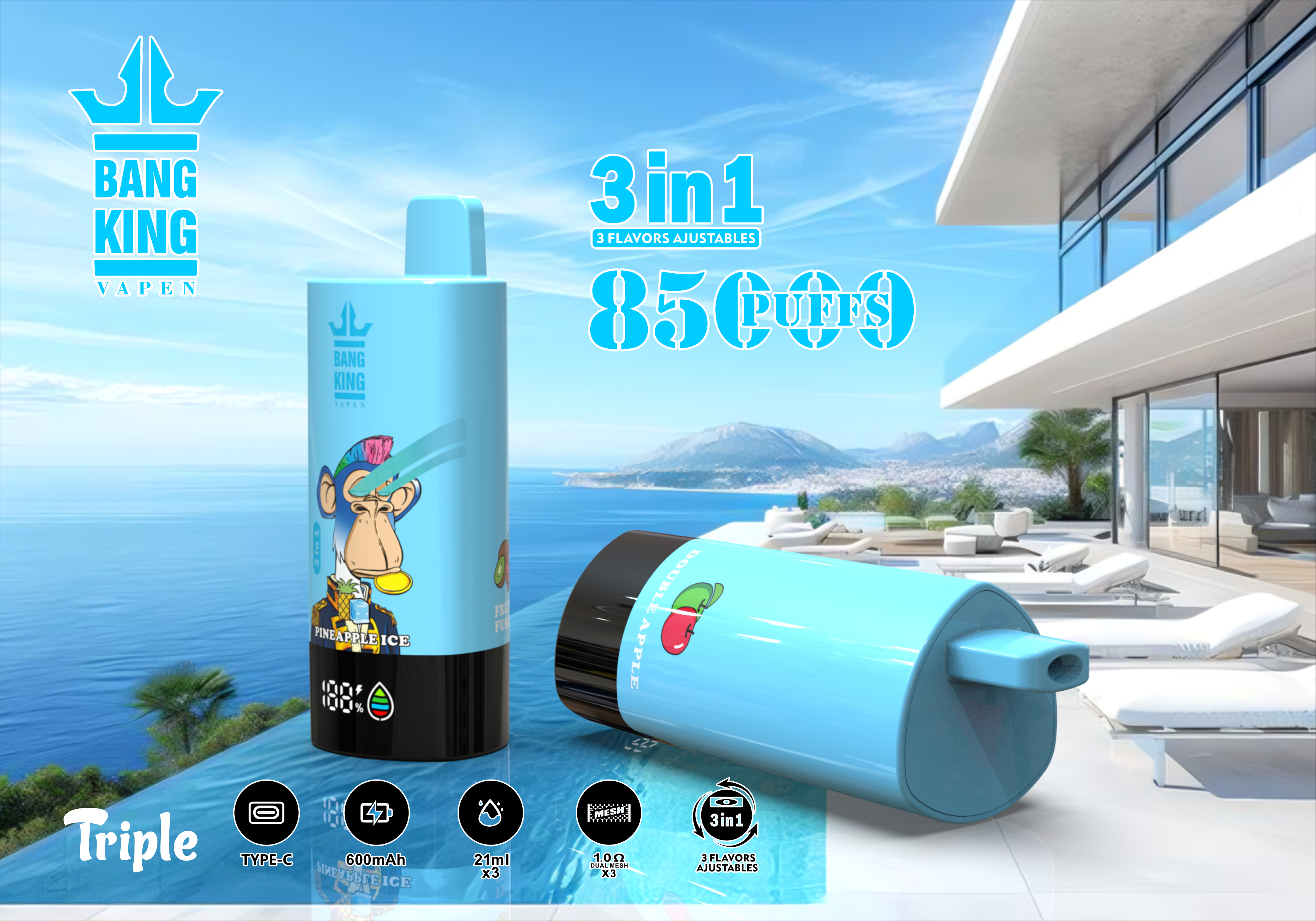 Bang King Vapen 85000 Puffs, 3 in 1 Flavor, 63ml Eliquid, 600mAh Battery