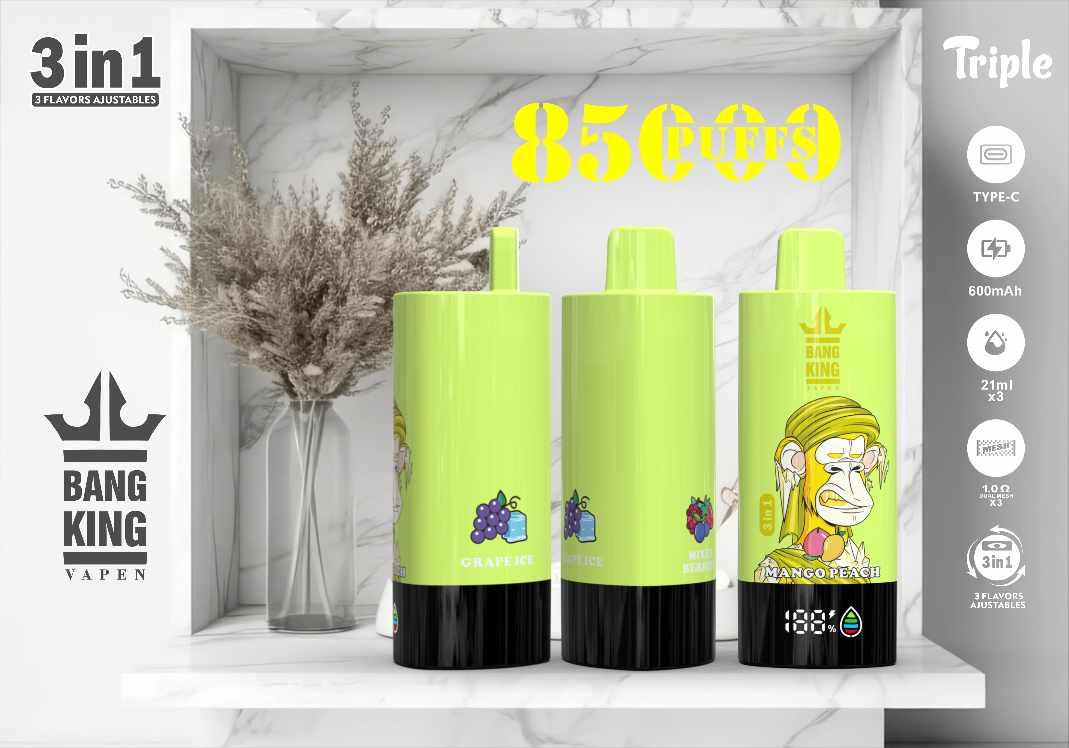 Bang King Vapen 85000 Puffs, 3 in 1 Flavor, 63ml Eliquid, 600mAh Battery
