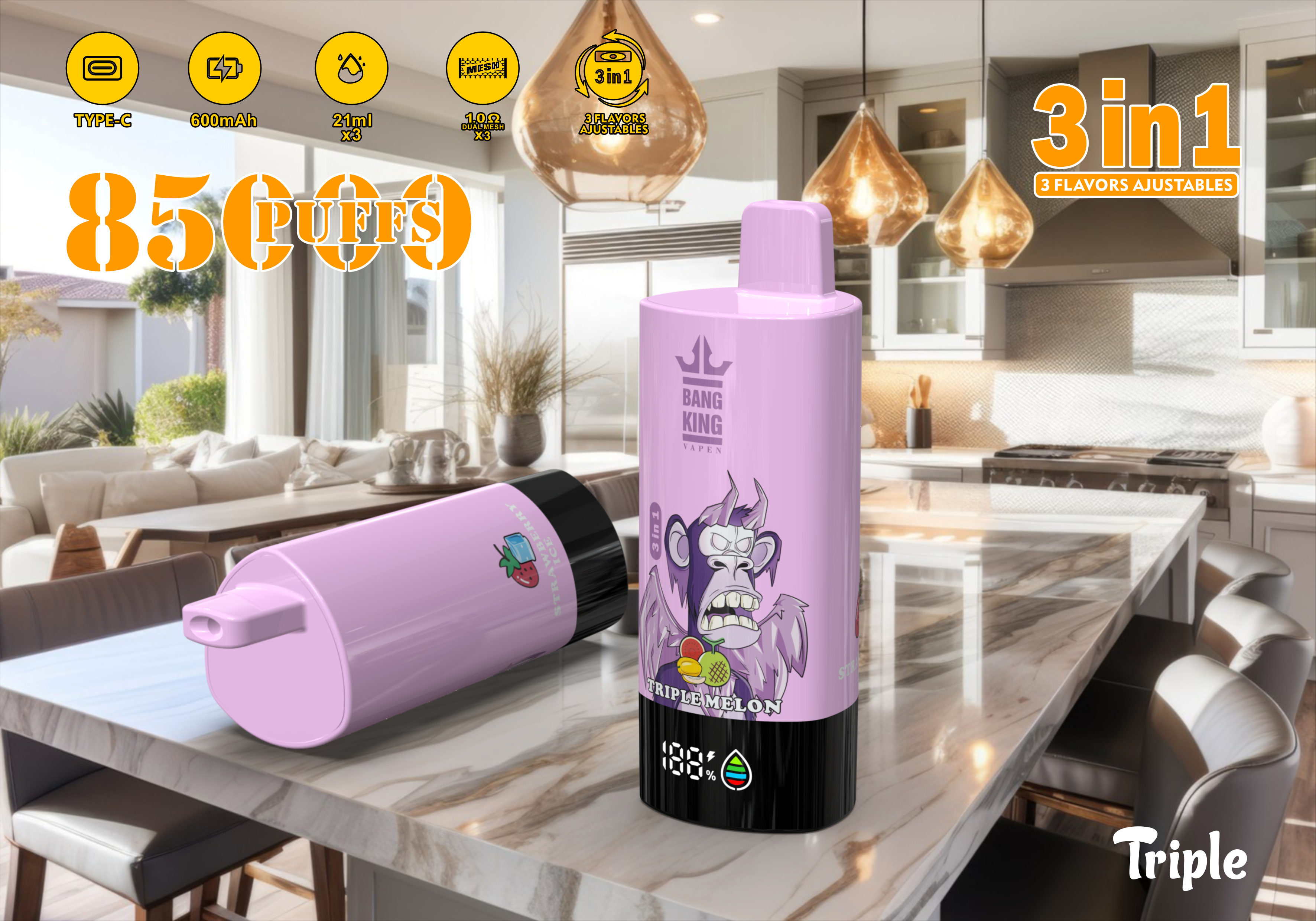 Bang King Vapen 85000 Puffs, 3 in 1 Flavor, 63ml Eliquid, 600mAh Battery