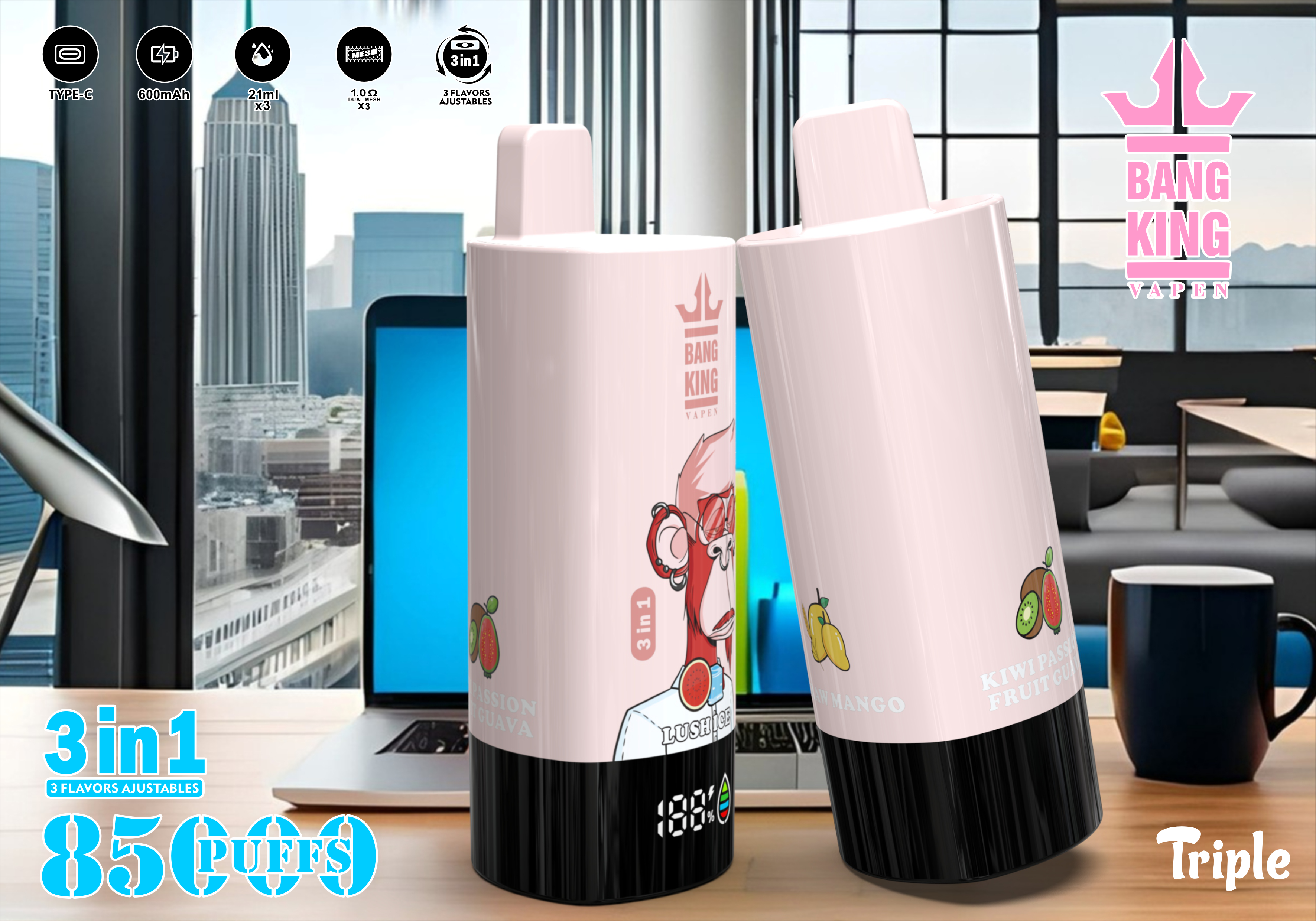 Bang King Vapen 85000 Puffs, 3 in 1 Flavor, 63ml Eliquid, 600mAh Battery