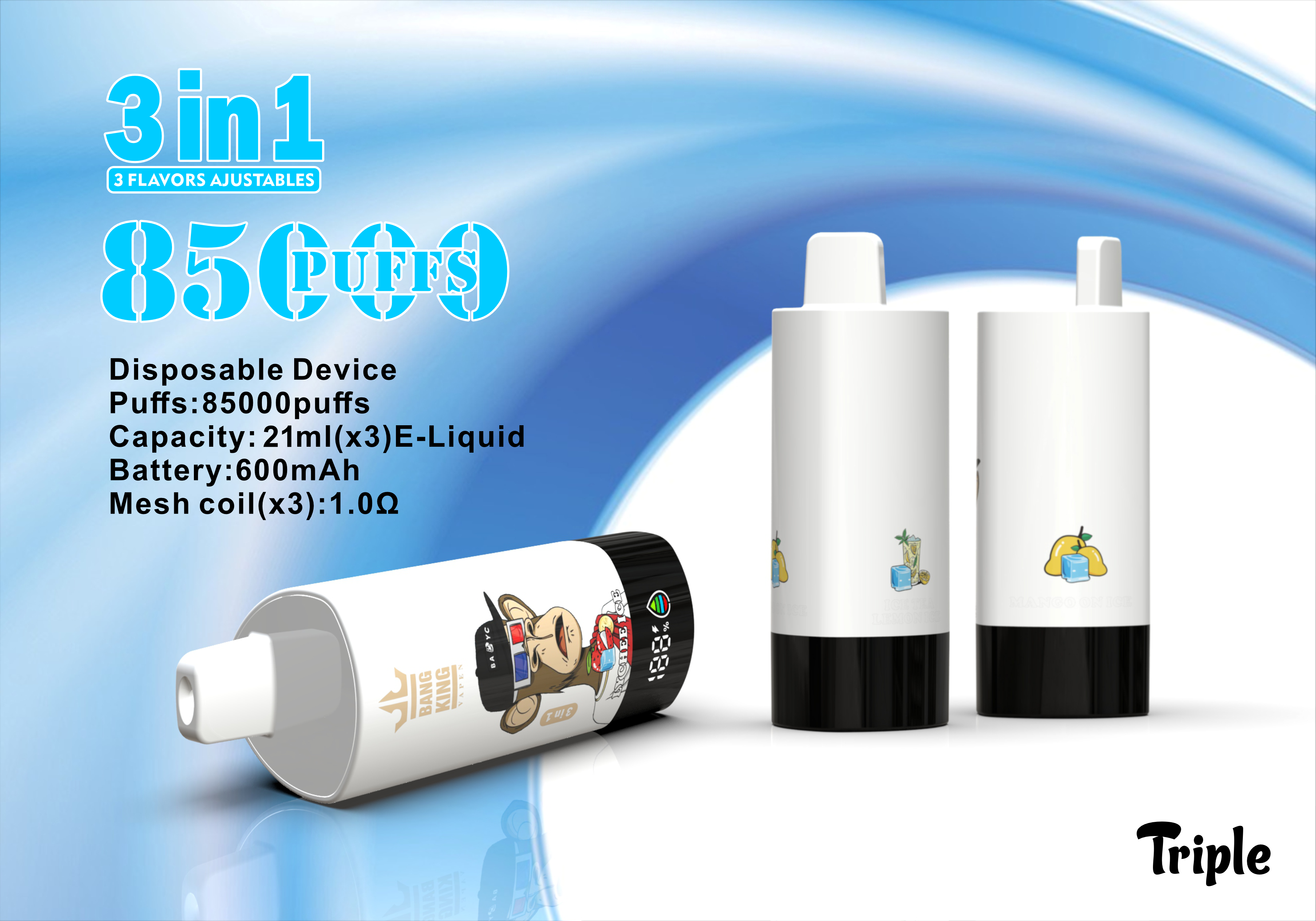 Bang King Vapen 85000 Puffs, 3 in 1 Flavor, 63ml Eliquid, 600mAh Battery