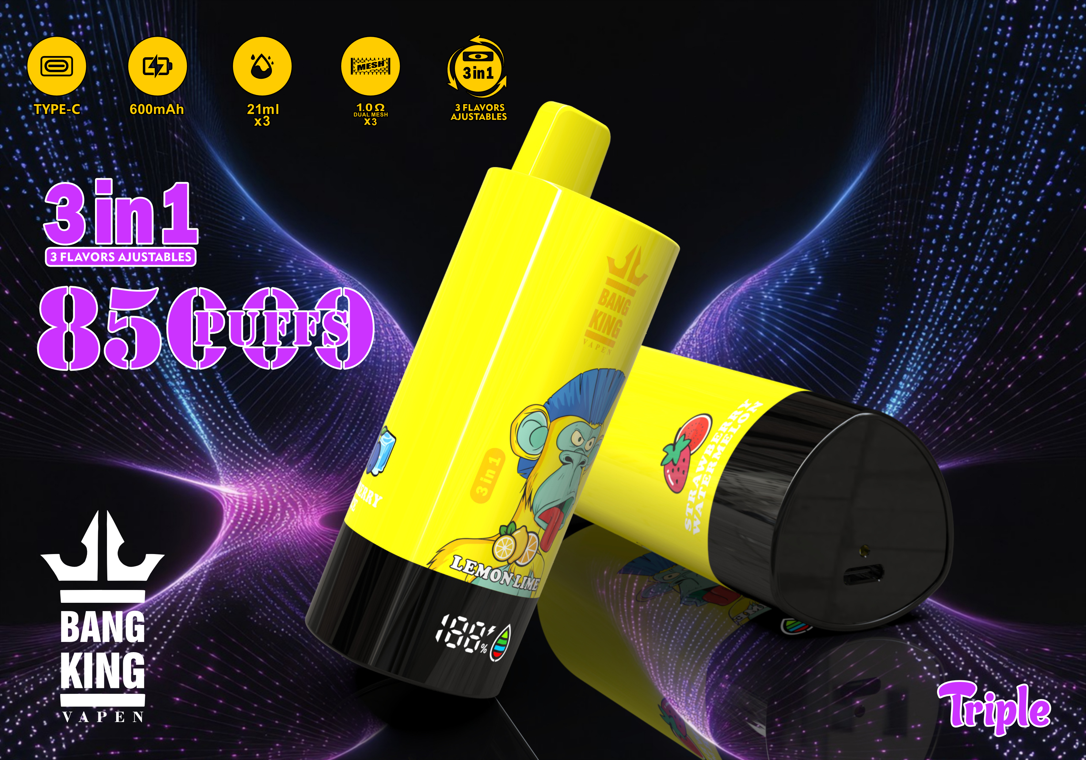 Bang King Vapen 85000 Puffs, 3 in 1 Flavor, 63ml Eliquid, 600mAh Battery
