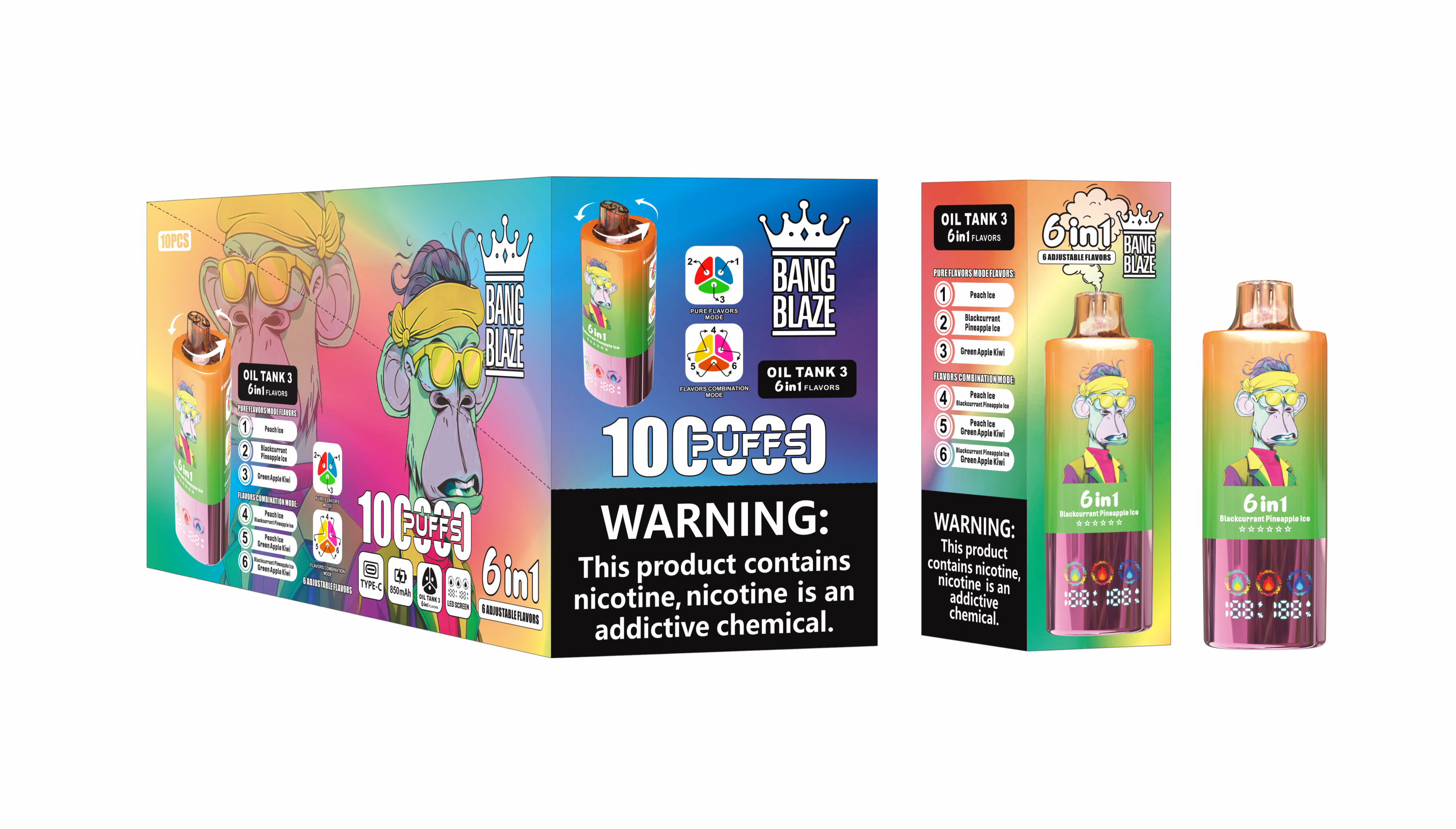 Bang Blzae 100000 PUFFS 6 IN 1 , 100K Disposable Vape with 6 in 1 Flavors, 10 Kinds of Fruits Flavors, E-liquid 90ml, Battery 850 mah, Nicotine 2%, 3%, or 5%