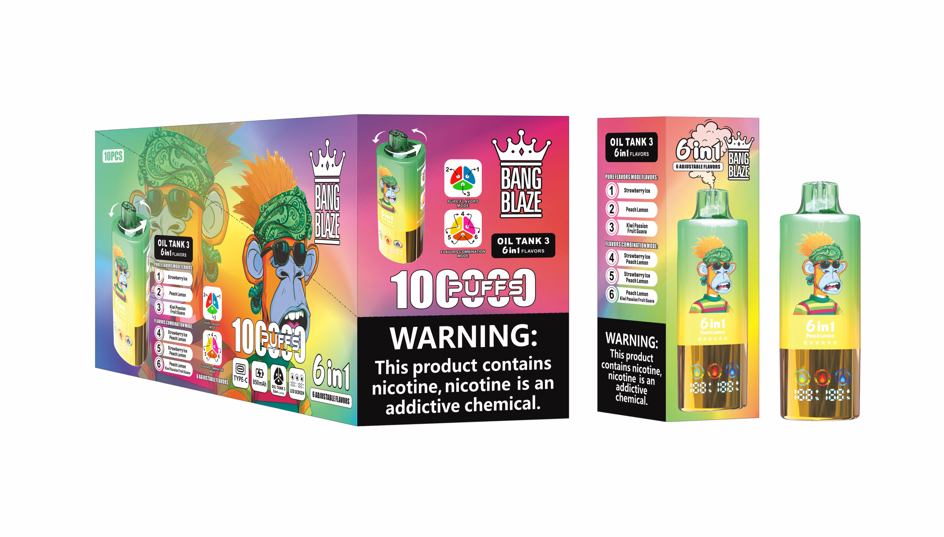 Bang Blzae 100000 PUFFS 6 IN 1 , 100K Disposable Vape with 6 in 1 Flavors, 10 Kinds of Fruits Flavors, E-liquid 90ml, Battery 850 mah, Nicotine 2%, 3%, or 5%