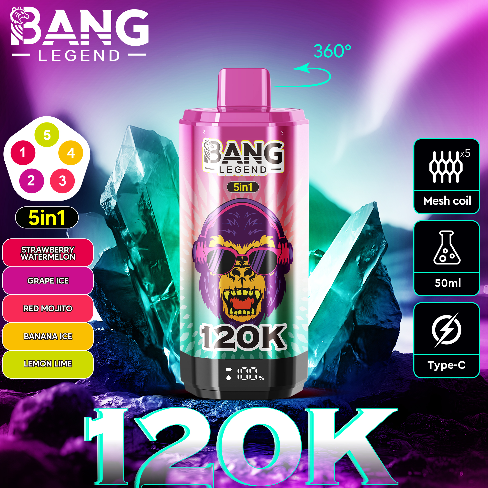 Bang Legend 120000 120K PUFFS, Disposable Vape, The Ultimate 5-in-1, Nicotine 2%, 3%, or 5%