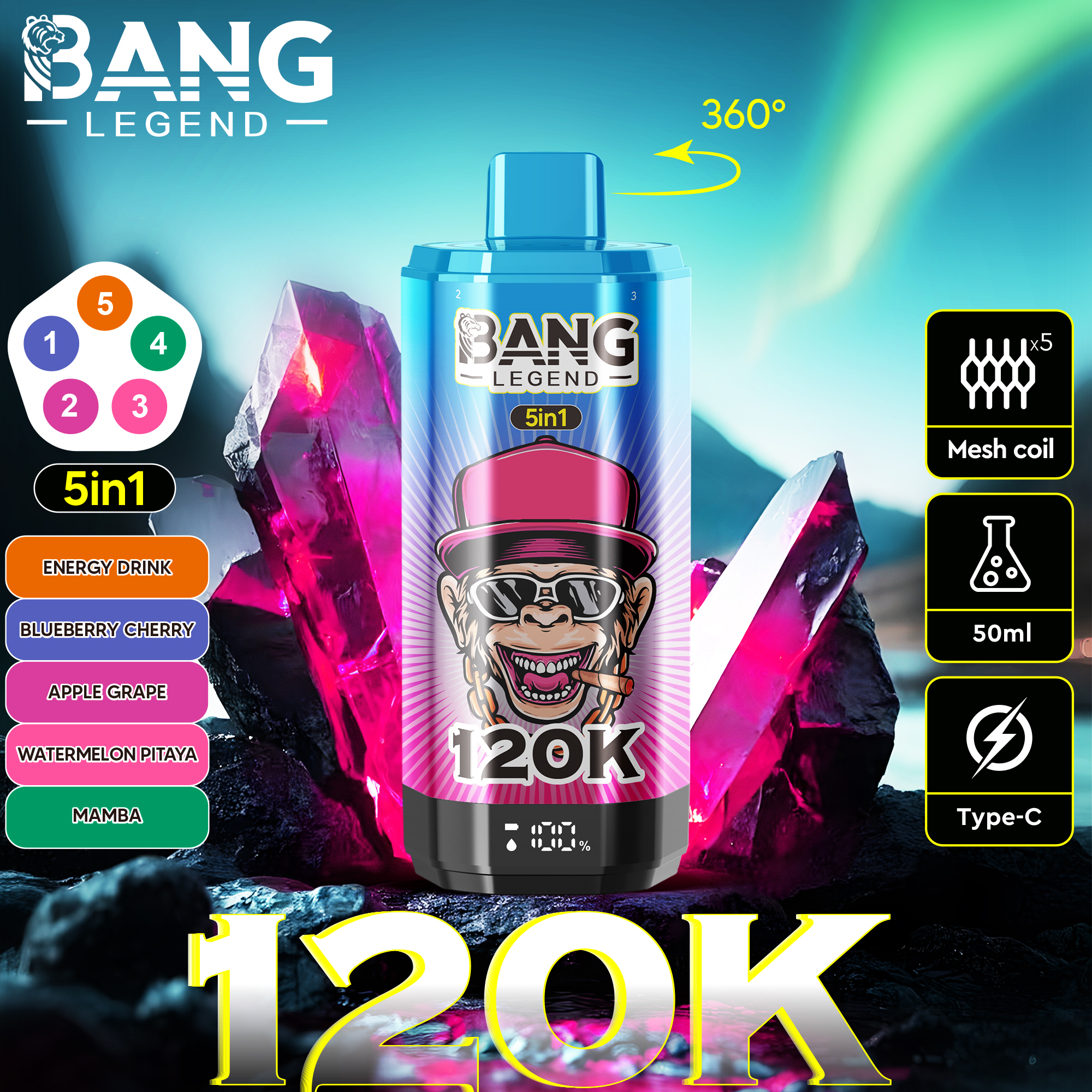 Bang Legend 120000 120K PUFFS, Disposable Vape, The Ultimate 5-in-1, Nicotine 2%, 3%, or 5%