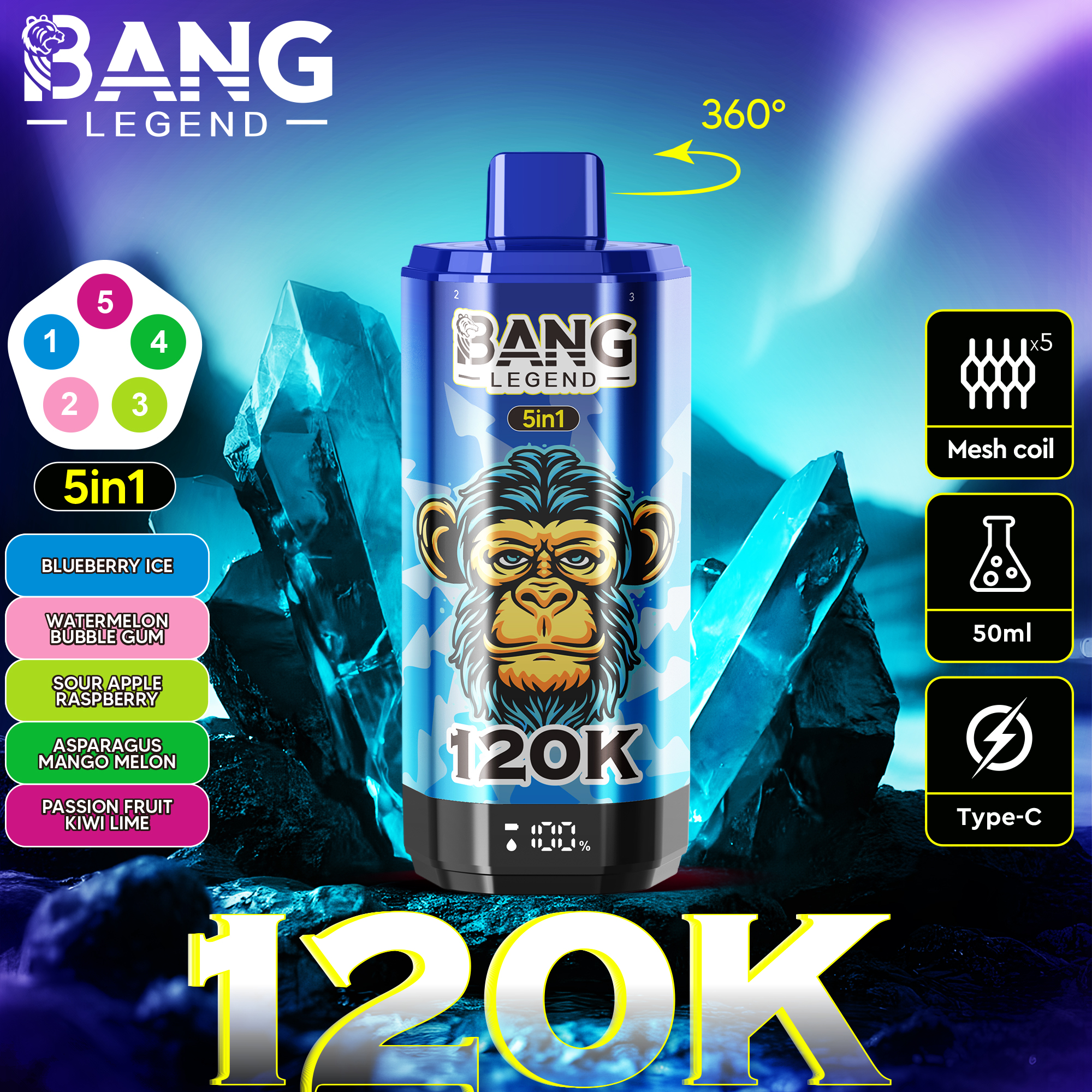 Bang Legend 120000 120K PUFFS, Disposable Vape, The Ultimate 5-in-1, Nicotine 2%, 3%, or 5%
