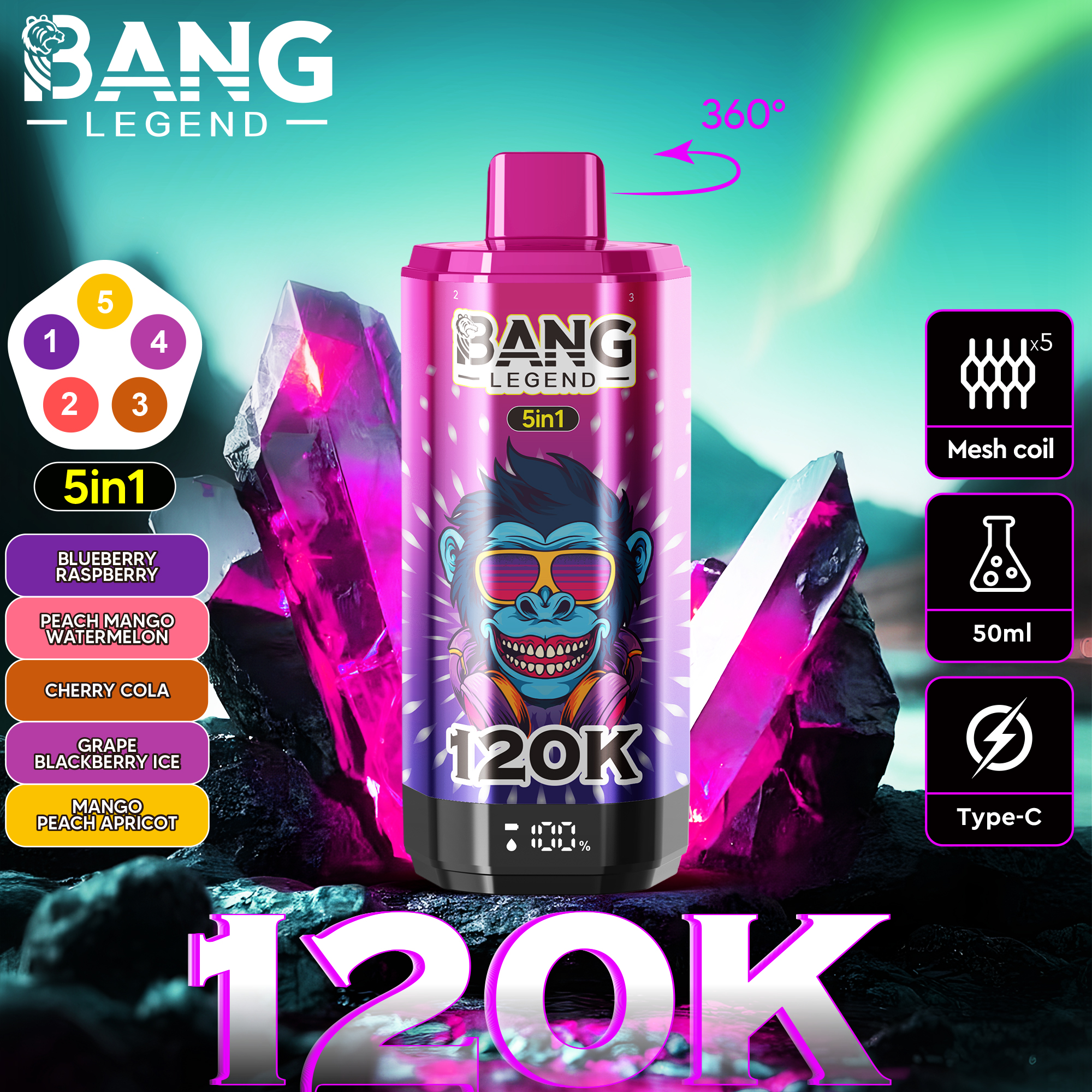 Bang Legend 120000 120K PUFFS, Disposable Vape, The Ultimate 5-in-1, Nicotine 2%, 3%, or 5%
