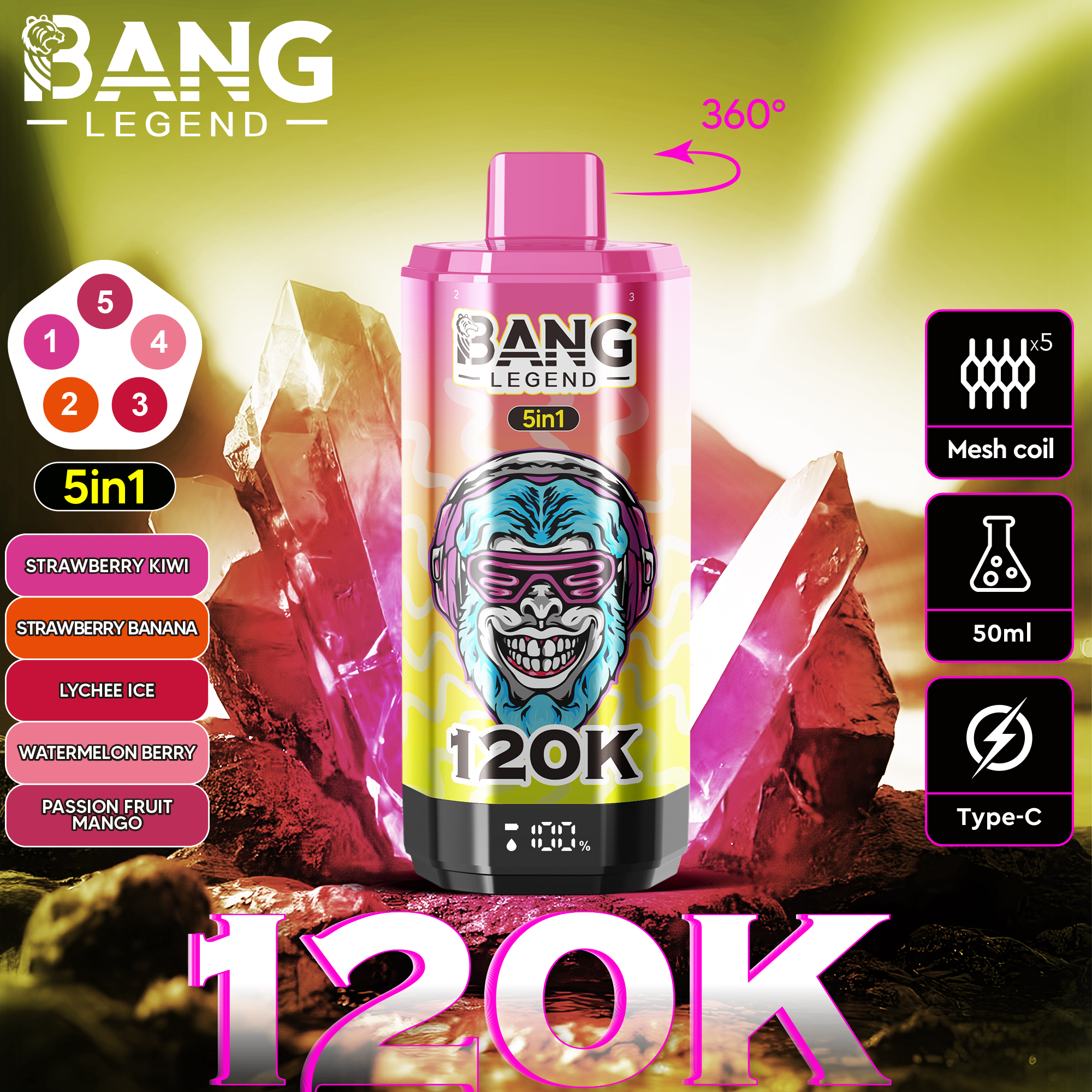 Bang Legend 120000 120K PUFFS, Disposable Vape, The Ultimate 5-in-1, Nicotine 2%, 3%, or 5%