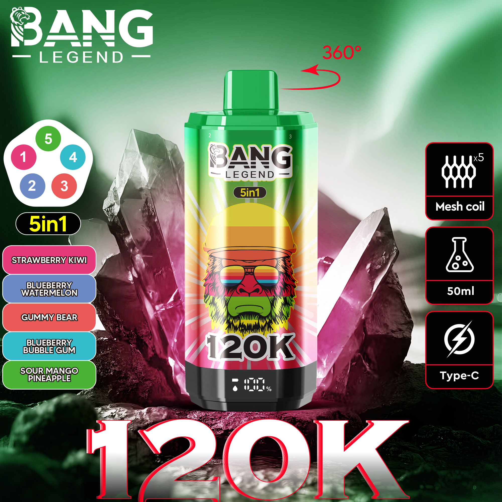 Bang Legend 120000 120K PUFFS, Disposable Vape, The Ultimate 5-in-1, Nicotine 2%, 3%, or 5%