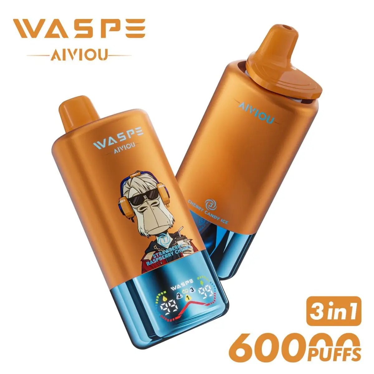 WASPE AIVIOU 60000 60K PUFFS, Disposable Vape, The Ultimate 3-in-1, Liquid 54ml, Nicotine 0%, 2%, or 5%
