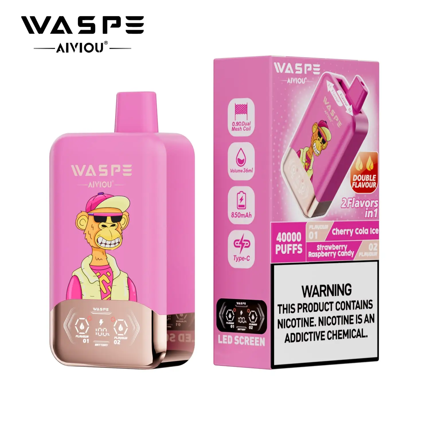 WASPE AIVIOU 40000 40K PUFFS, Disposable Vape, The Ultimate 2-in-1, Liquid 36ml, Nicotine 0%, 2%, or 5%